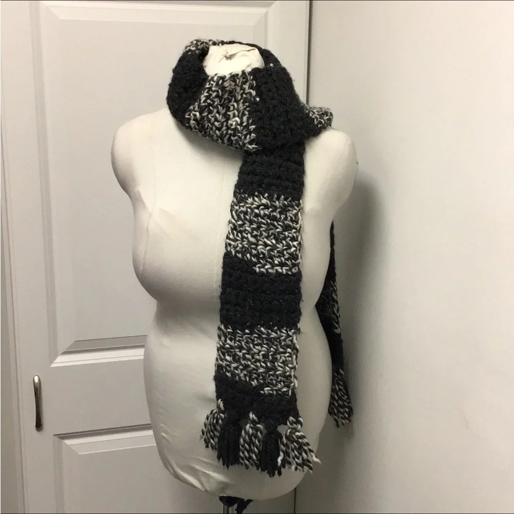 Handmade Unisex Crochet Long Scarf with Tassel Fringe, Charcoal & Ivory, OSFA